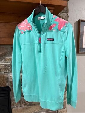 Vineyard Vines Sz L Aqua Quarter-Zip Pullover with Pink Floral Shoulder Panels